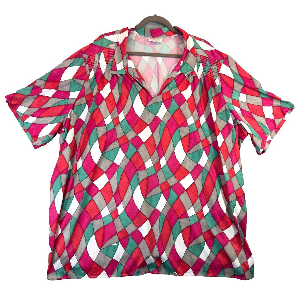 Roamans Top Womens 5X Colorful Geometric Vibrant Short Sleeve Retro Career Comfy